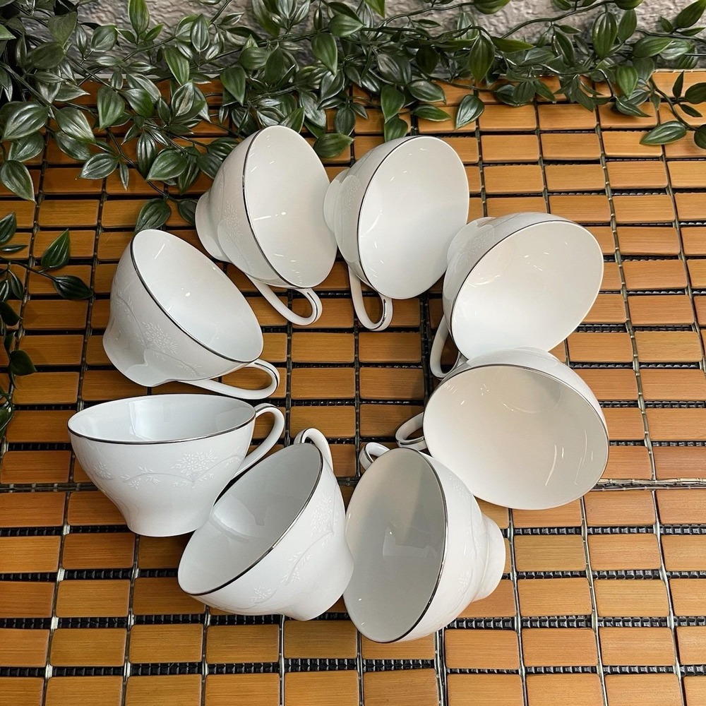 Lot of 8 Vintage Noritake Whitebrook 6441 Fine China Teacups White Platinum Trim